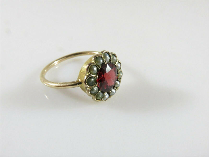 Antique Burgundy Glass with Pearl Surround Flower Wedding Ring In 10K Gold - Just Stuff I Sell