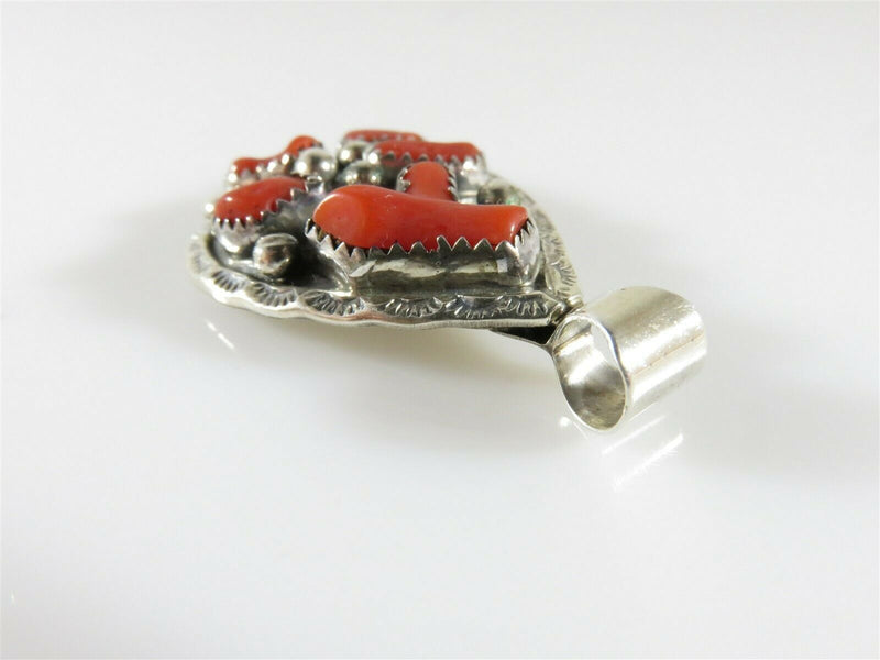 Navajo Style Sterling Silver and Red Coral Pendant Signed N .Juan 5.90mm Bale - Just Stuff I Sell