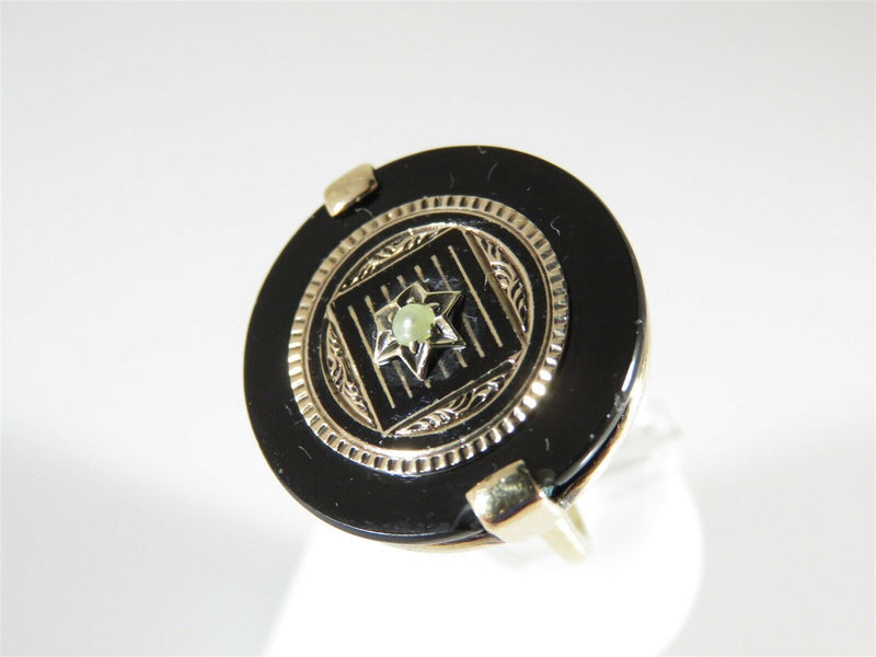 Unique Victorian Solid Gold Enameled Gold Round Onyx Seed Peal Gothic Ring Sz 4 - Just Stuff I Sell
