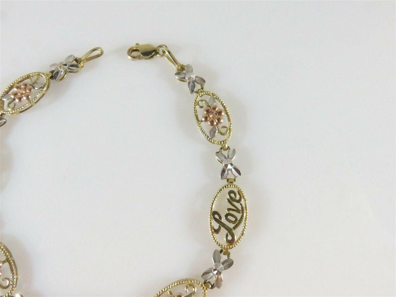10K Yellow Pink White Gold Floral Love Bracelet 7 1/4" TL - Just Stuff I Sell