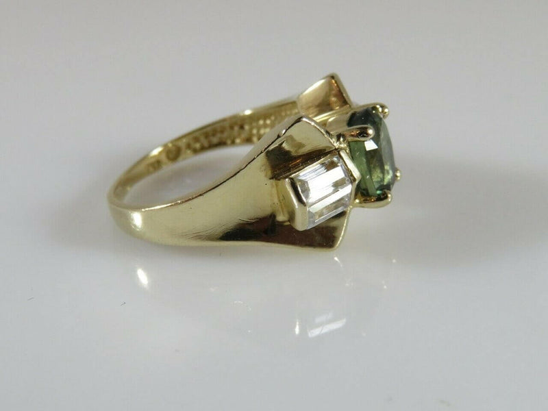 14K Solid Gold Blue Green Topaz Cocktail Ring Mid Century Size 4.25 JHL - Just Stuff I Sell