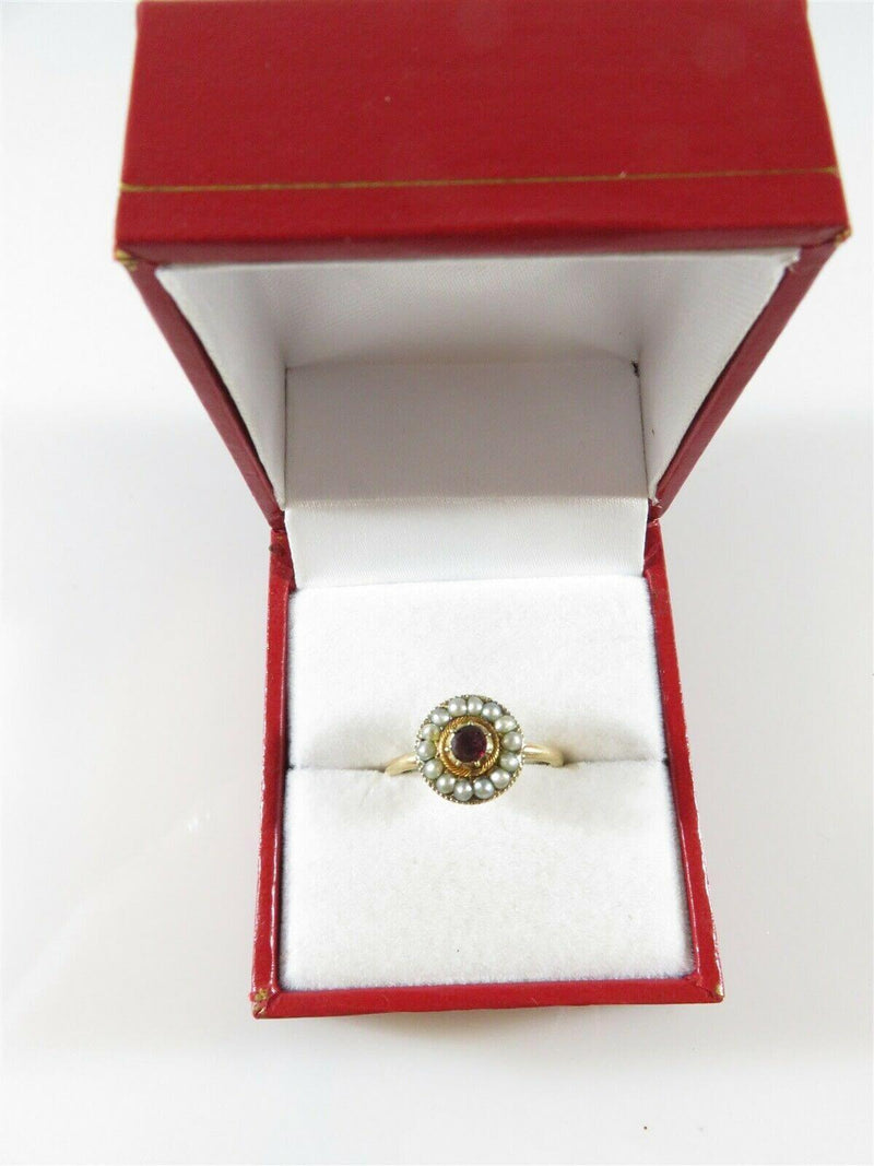 14K Rose Gold Georgian Flower Ring Table Cut Garnet Pearl Surround Size 5.5 - Just Stuff I Sell