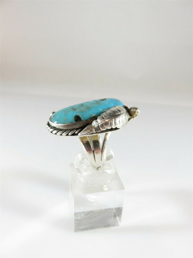 Women's Large Turquoise Sterling Silver Leaf Accented Navajo Biker Ring Size 6 - Just Stuff I Sell