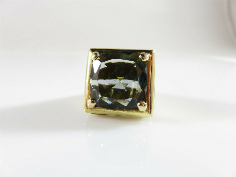 Gold Tone Unisex Bling Ring Brushed metal 17.21mm Faceted Glass Stone Signed RS - Just Stuff I Sell