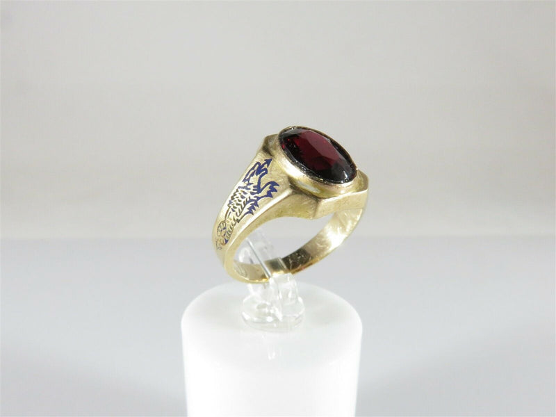 Unusual Antique 14K Blood Red Garnet Blue Enameled Griffin Dragon Ring Size 5.5 - Just Stuff I Sell
