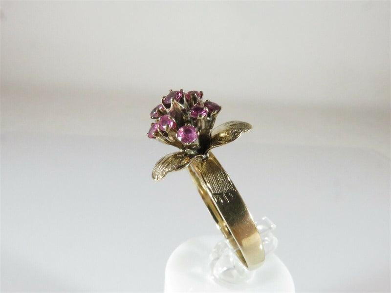 Vintage Mid Century Unique Floral Bouquet 3 Petal Ruby Ring 9K Size 9 3.3 Grams - Just Stuff I Sell