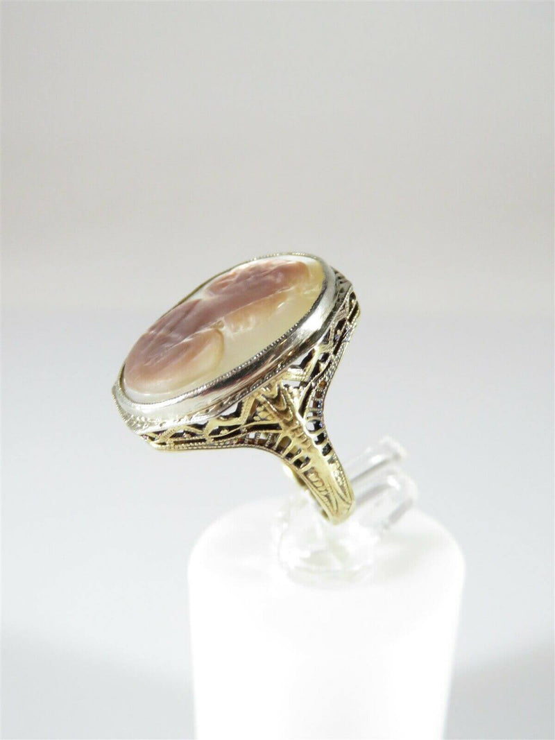 Antique 14K Carved Mother of Pearl Cameo Filigree Ring Grand Tour Style Sze 4.75 - Just Stuff I Sell