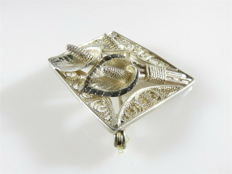 Vintage Diamond Shaped Sterling Silver Pierced Filigree Calla Lily Brooch - Just Stuff I Sell