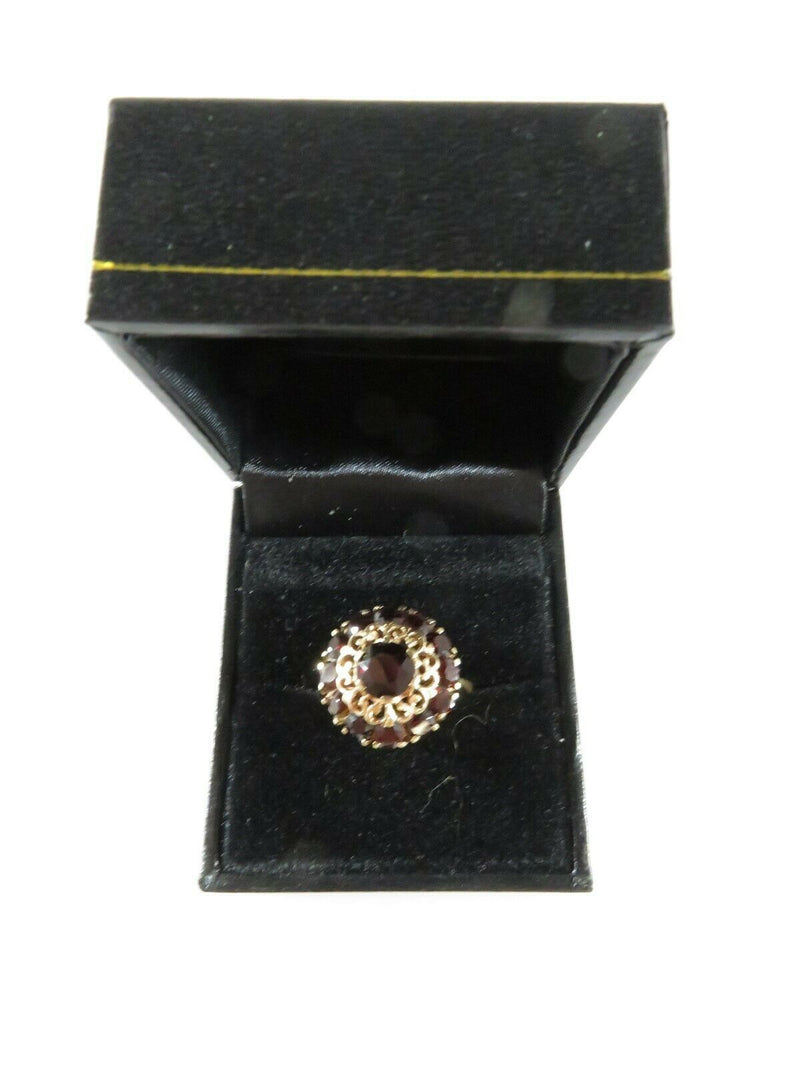 Vintage Estate 14K Gold Garnet Cluster Ring Pierced Filigree Design Size 5.5 - Just Stuff I Sell