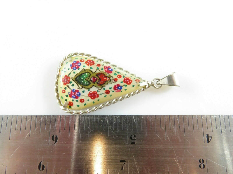 Antique Silver Mixed Metal Persian Tear Drop Hand Painted Lacquered Shell Pendant - Just Stuff I Sell