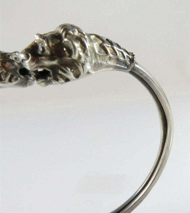 Antique Style Lion's Head Bracelet Bangle 6 1/2" ID Extruded 900 Silver Signed - Just Stuff I Sell