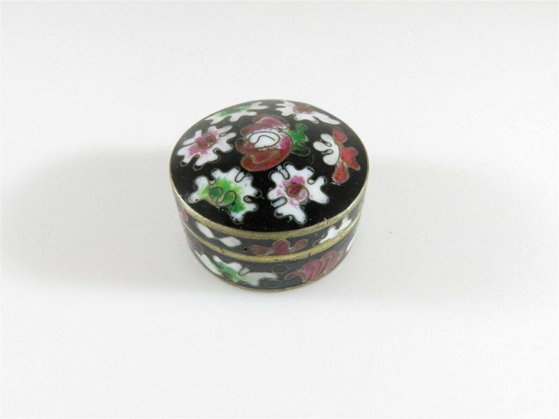 Cloisonne Brass & Enamel Floral Trinket Snuff Box Black White Pink Green Hinged - Just Stuff I Sell