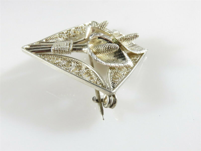 Vintage Diamond Shaped Sterling Silver Pierced Filigree Calla Lily Brooch - Just Stuff I Sell