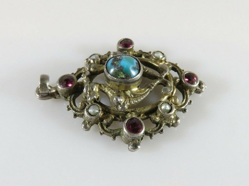 Sterling Dragon Pendant Austro Hungarian Revival Tourmaline, Pearl & Cabochon Turquoise - Just Stuff I Sell