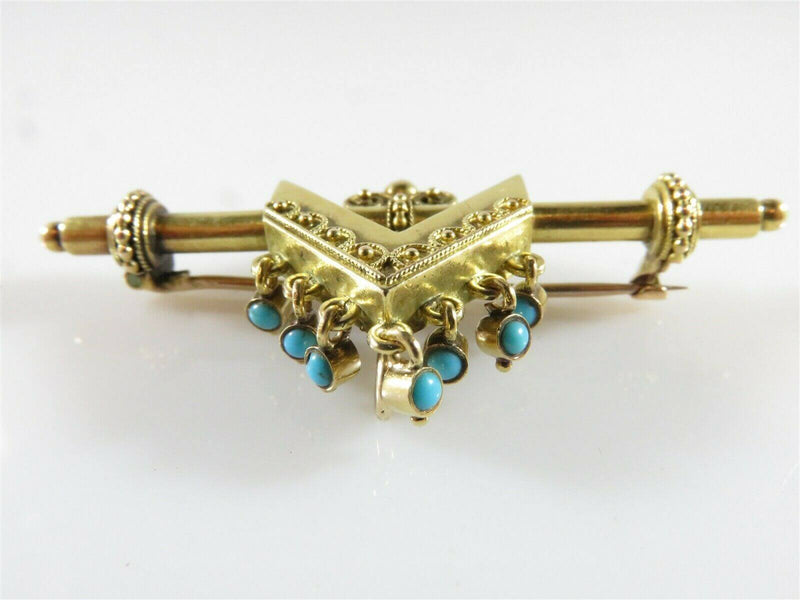14K Yellow Gold Etruscan Revival Edwardian Pocket Watch Pin With Turquoise Dangles - Just Stuff I Sell