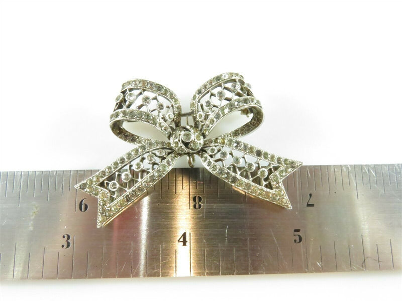 Sparkly Rhinestone Bow Brooch Sterling 2" x 1 3/8" 10.5 Grams Missing 2 Stones - Just Stuff I Sell