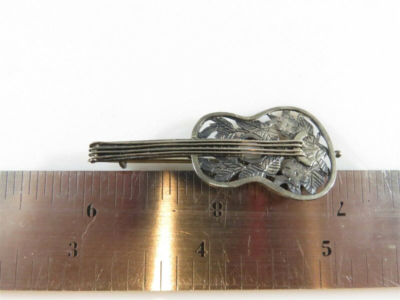 Beautiful Rare Victorian Floral Forget Me Not Guitar Brooch in Sterling - Just Stuff I Sell