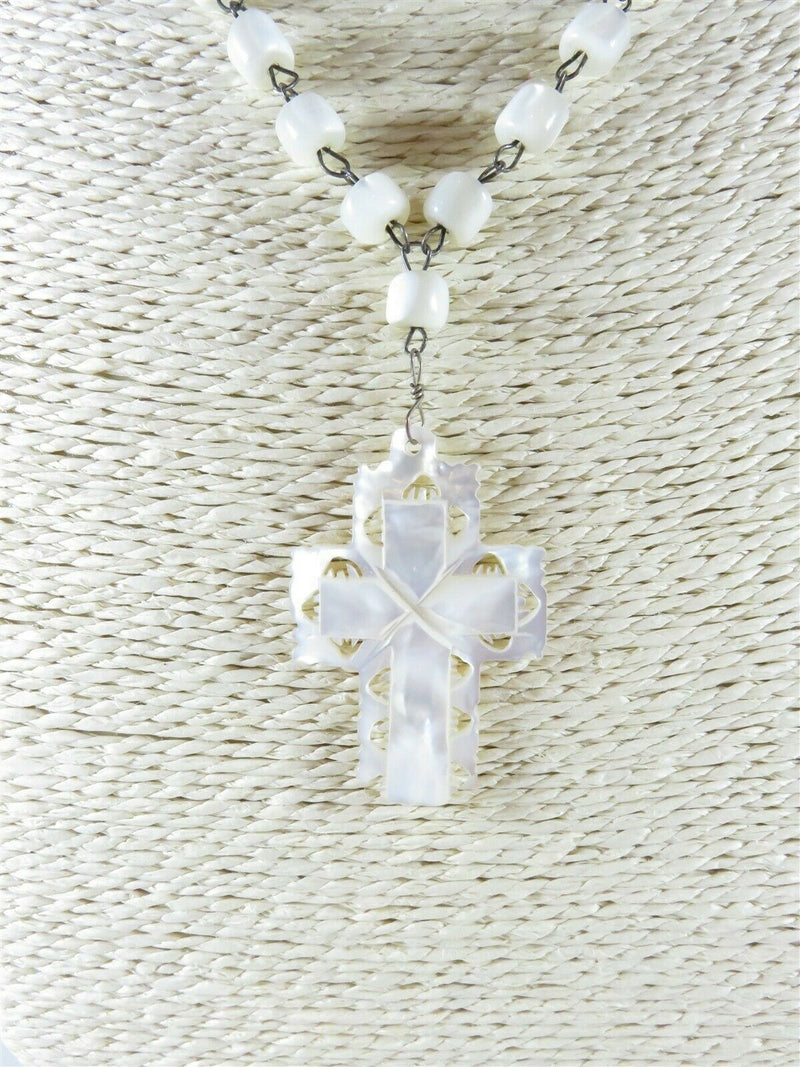 Mother of Pearl & MOP Rosary Cross w/ Sterling Vintage Beaded Necklace 19" - Just Stuff I Sell