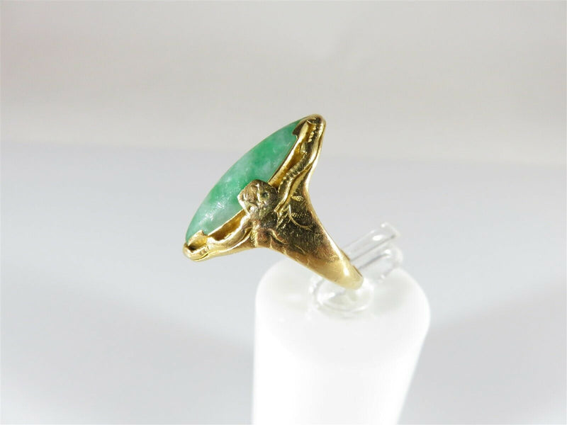 Solid Antique 20K Gold Navette Green White Nephrite Jade Ring Size 5 1/2 - Just Stuff I Sell