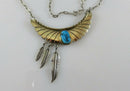 Southwestern Spencer Sterling Silver Gold Filled Bib Feather Turquoise Necklace - Just Stuff I Sell