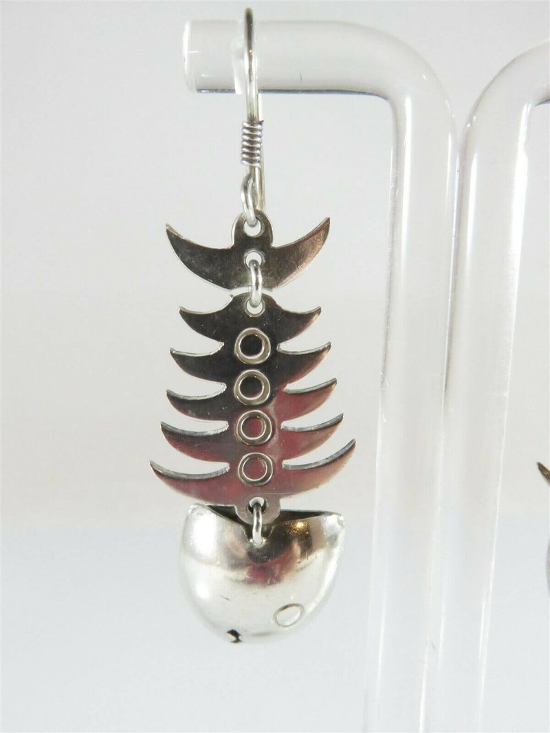 Estate Sterling Silver Fish Bone Head Tail Skeleton Articulated Earrings Mexico - Just Stuff I Sell