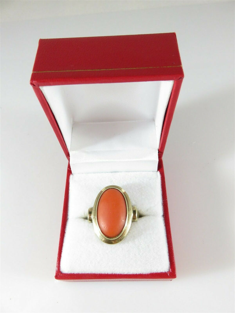 Mid Century 8K Gold Italian 333 F* Salmon Cabochon Coral Pinky Ring Size 7.75 - Just Stuff I Sell