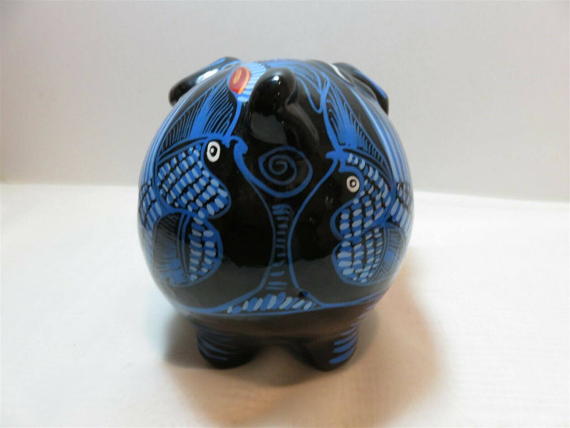 Fabulous Hand Painted Black, Blue, Red, White, Orange, Mexican Terra Cotta Piggy - Just Stuff I Sell