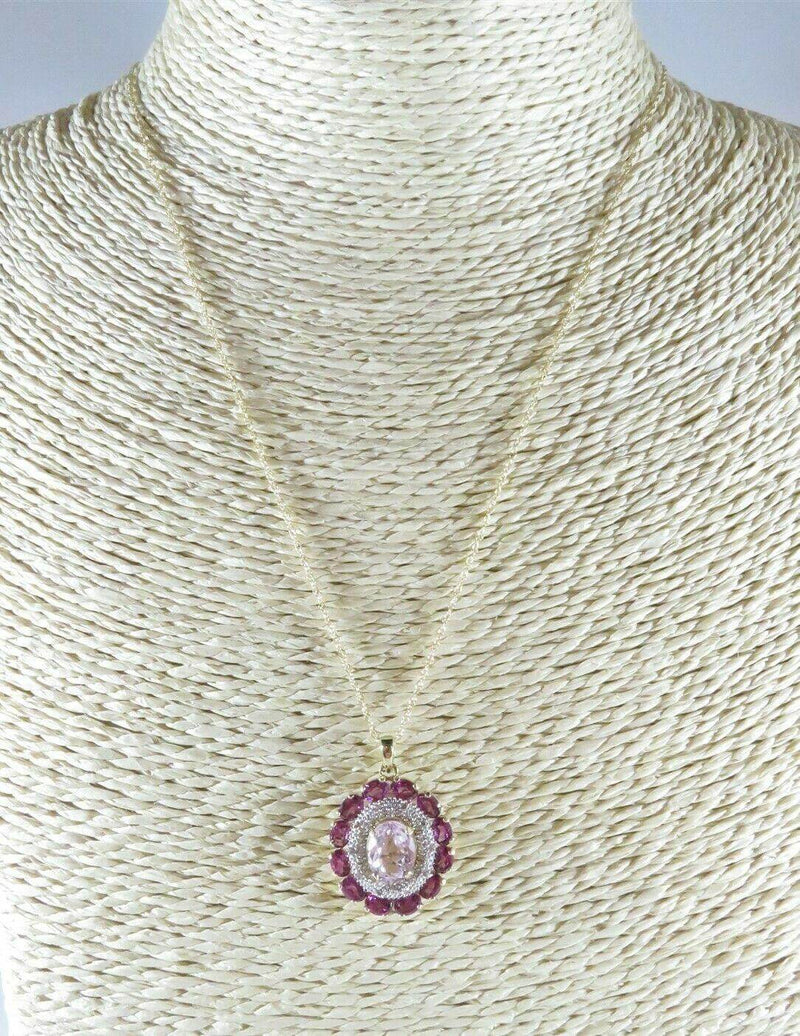 14K Gold Oval Morganite Diamond Accented Amethyst Surround Pendant & Rope Chain - Just Stuff I Sell