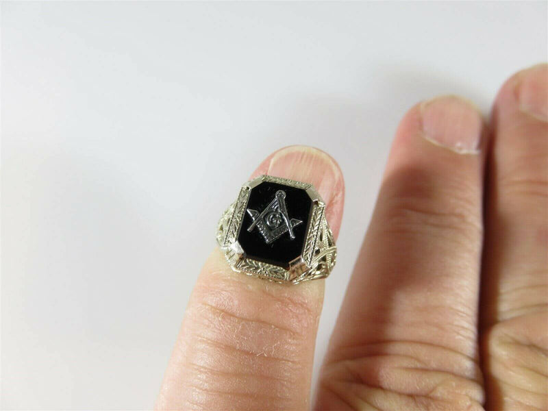 Art Deco Mason Ring 14K White Gold Onyx Womens Masonic Ring For Her Size 3.5 - Just Stuff I Sell