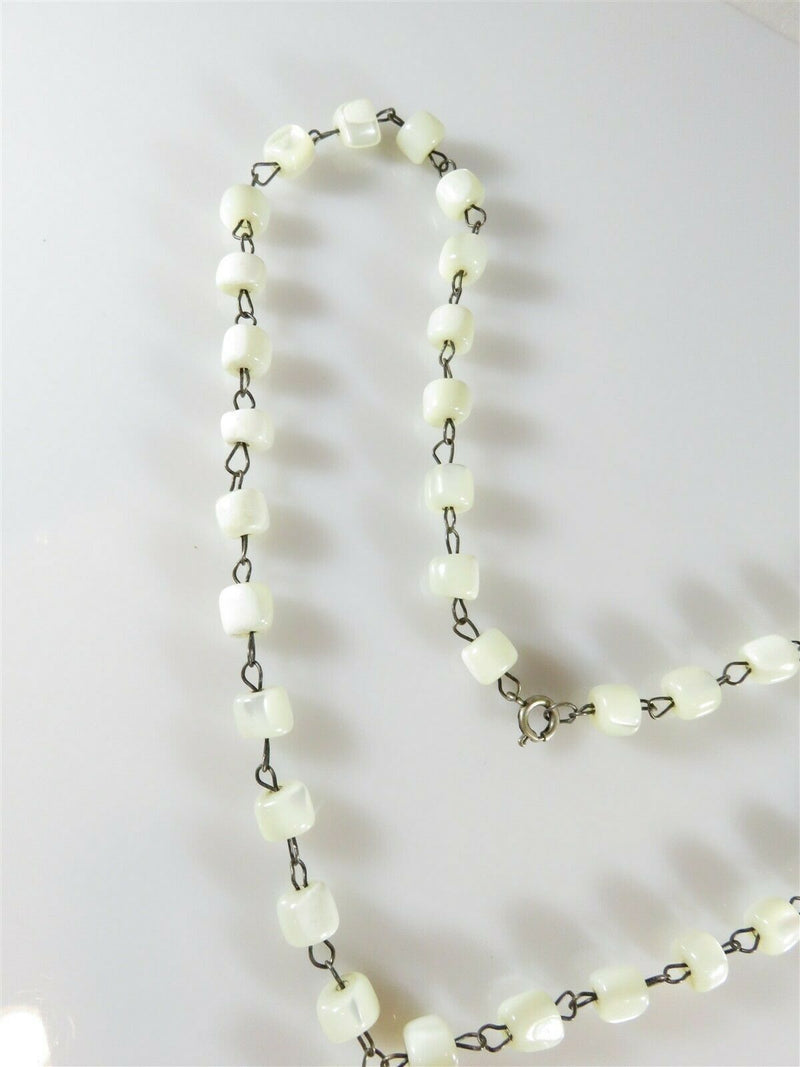 Mother of Pearl & MOP Rosary Cross w/ Sterling Vintage Beaded Necklace 19" - Just Stuff I Sell