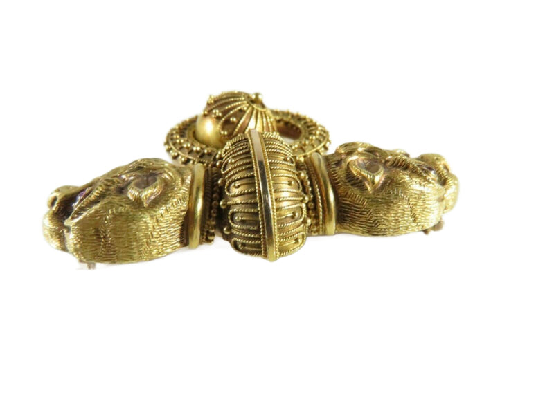 22K Gold Georgian Victorian Etruscan Brooch Double Griffin Head Ruby Eyes - Just Stuff I Sell