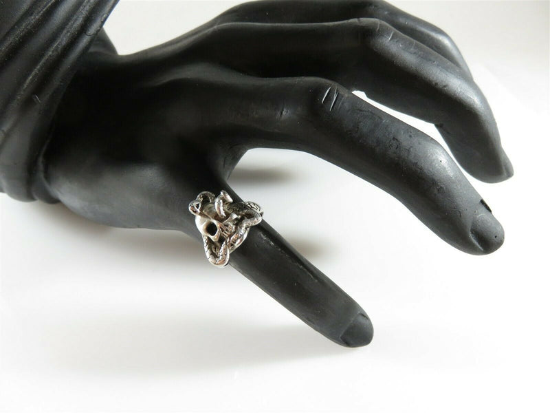 Silver Tone Artisan Signed Biker Skull Ring Size 6.75 Unisex Snake Skull Ring - Just Stuff I Sell