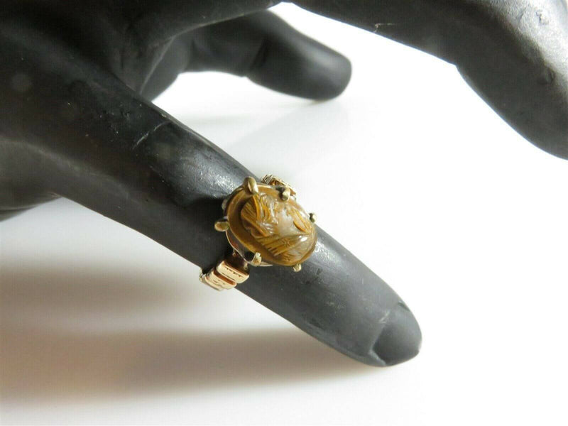 Antique Carved Cameo Tigers Eye Mixed Material Gold & Brass Solitaire Ring - Just Stuff I Sell