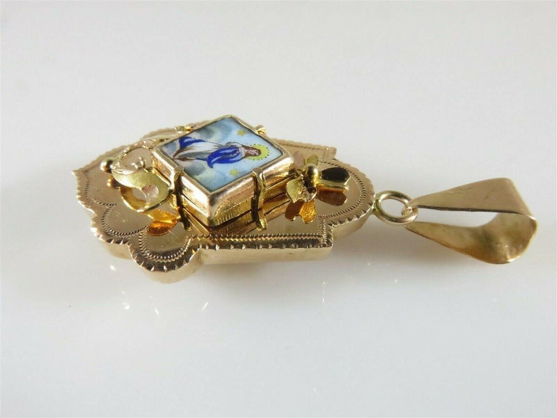 Art Nouveau 10K Rose Gold Enamel Virgin Mary Hidden Compartment FROV Pendant - Just Stuff I Sell