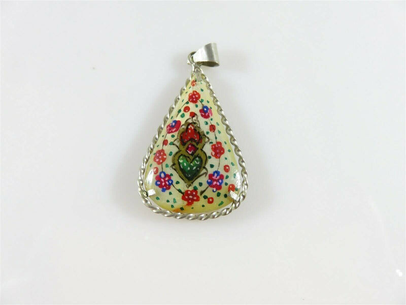Antique Silver Mixed Metal Persian Tear Drop Hand Painted Lacquered Shell Pendant - Just Stuff I Sell