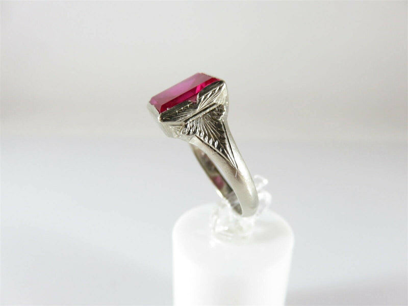 10K White Gold Faceted Ruby Solitaire Art Deco Style Pinky Ring Size 10 - Just Stuff I Sell