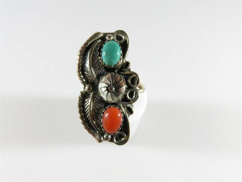 Lovely Vintage Turquoise Coral Sterling Flower Leaf Pinky Ring Size 6.5 Spencer - Just Stuff I Sell