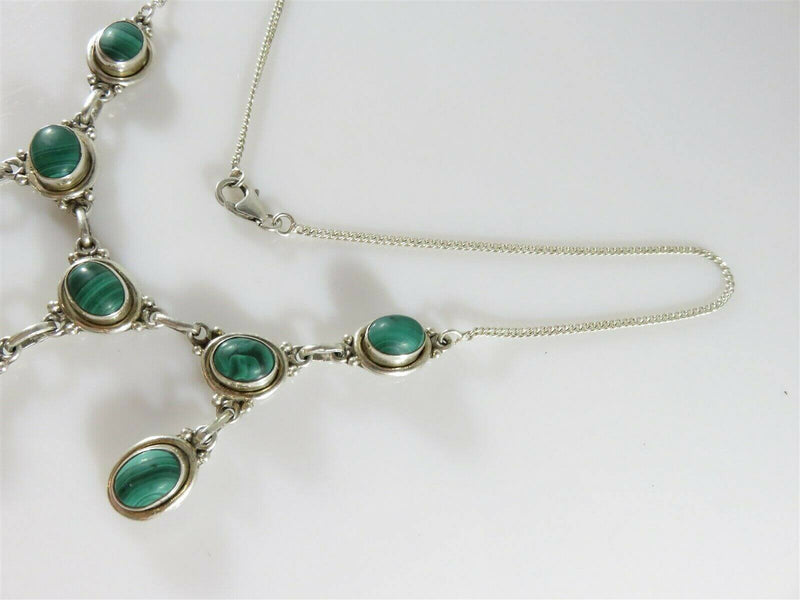 Antique Style Sterling Silver 17" Necklace Cabochon Malachite 3 Drops Dangles - Just Stuff I Sell