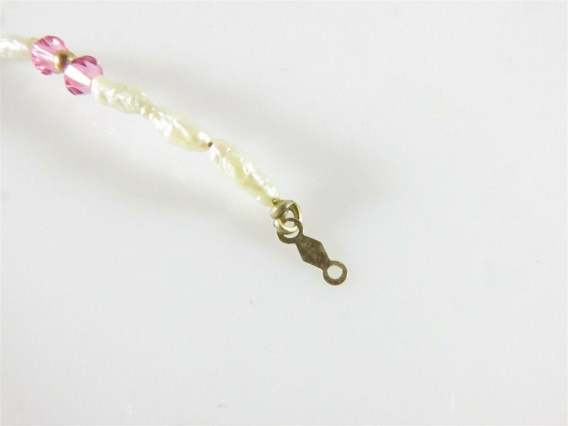 7" Baby Doll Necklace 14K Gold Connector, Pink Glass, Faux Pearls, Golden Beads - Just Stuff I Sell