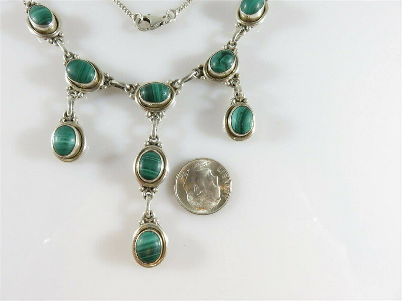 Antique Style Sterling Silver 17" Necklace Cabochon Malachite 3 Drops Dangles - Just Stuff I Sell
