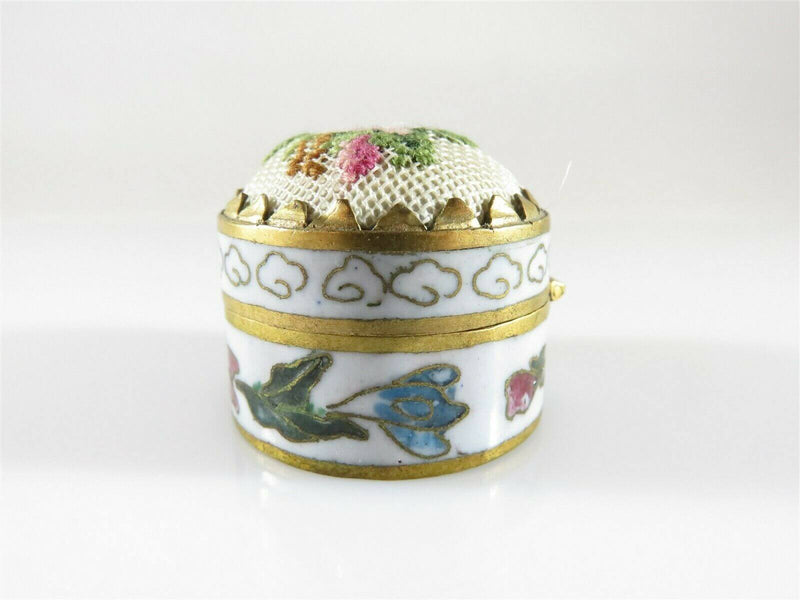 Cloisonne Brass & Enamel Floral Trinket Snuff Box Hinged Woven Decor Lid - Just Stuff I Sell
