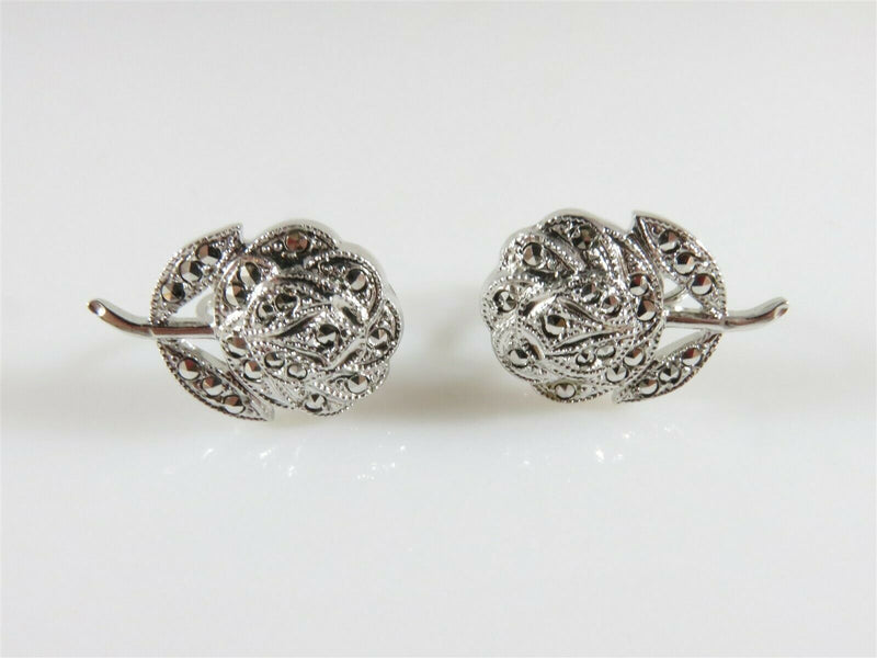Theda Sterling Silver Catholic Rose Brooch Spin Back Earrings Marcasite Accented - Just Stuff I Sell