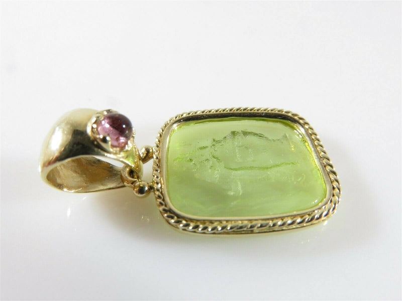 Lovely 14K Yellow Gold Greek Themed Intaglio Pendant Pink Tourmaline Accented - Just Stuff I Sell