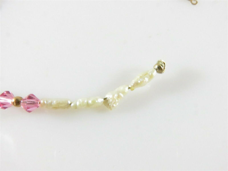 7" Baby Doll Necklace 14K Gold Connector, Pink Glass, Faux Pearls, Golden Beads - Just Stuff I Sell