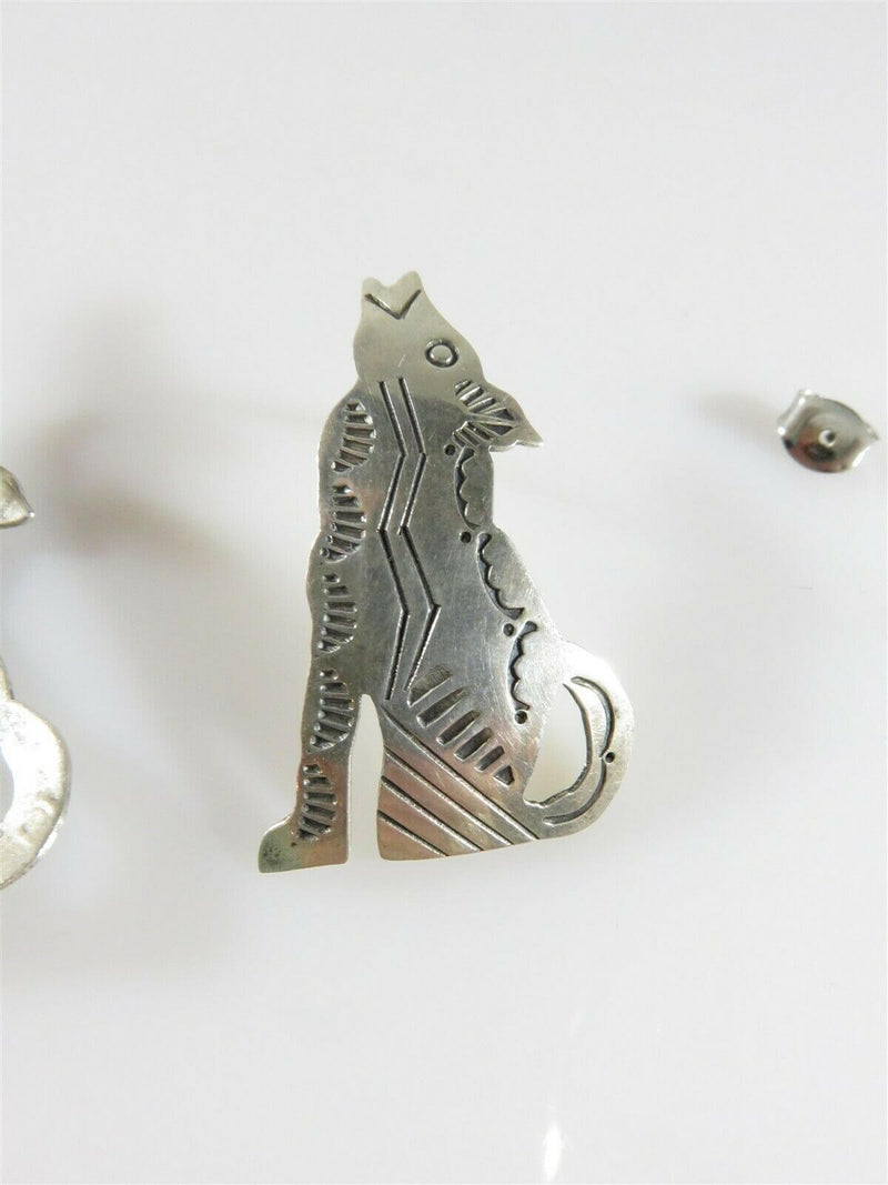 Hand Worked Unsigned Navajo Sterling Silver Figural Wolf Earrings Pierced Ears - Just Stuff I Sell