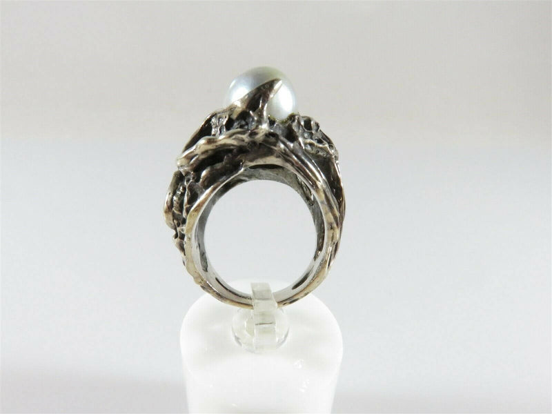 Fav Vintage Gray Pearl Brutalist Artisan Sterling Silver Ring 5.25 Signed - Just Stuff I Sell