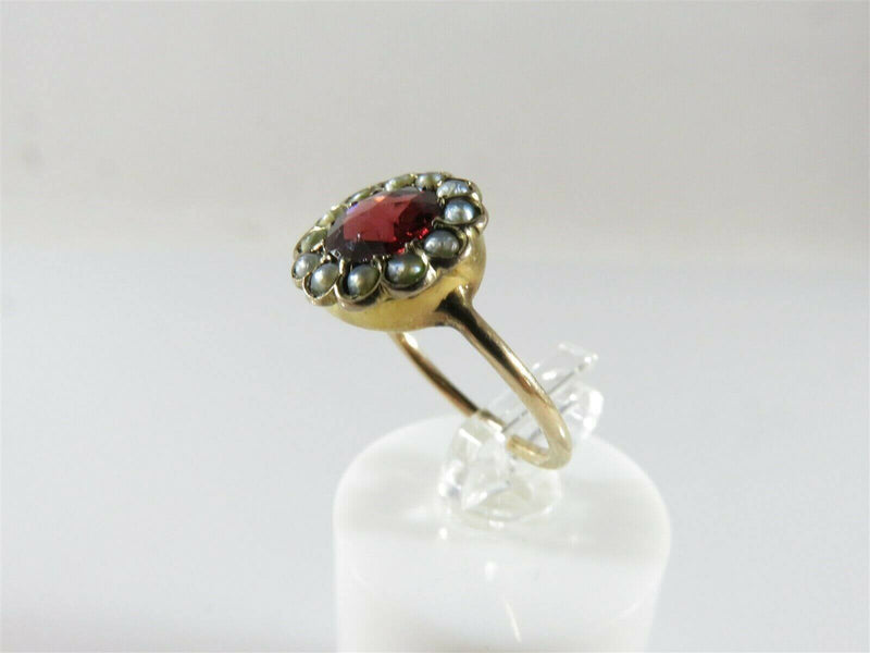 Antique Burgundy Glass with Pearl Surround Flower Wedding Ring In 10K Gold - Just Stuff I Sell