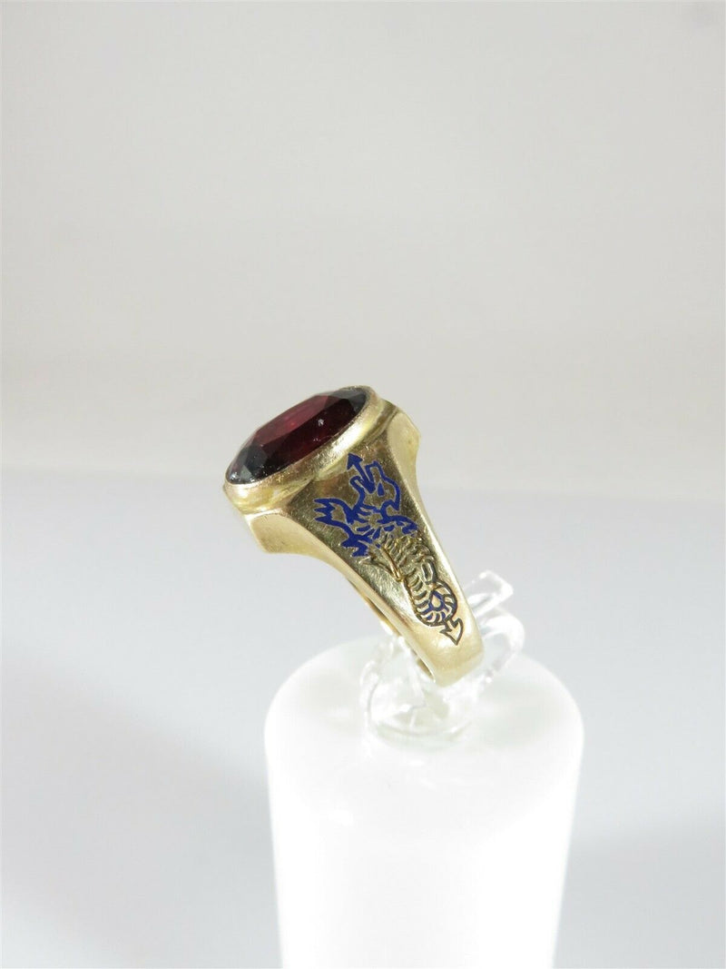 Unusual Antique 14K Blood Red Garnet Blue Enameled Griffin Dragon Ring Size 5.5 - Just Stuff I Sell