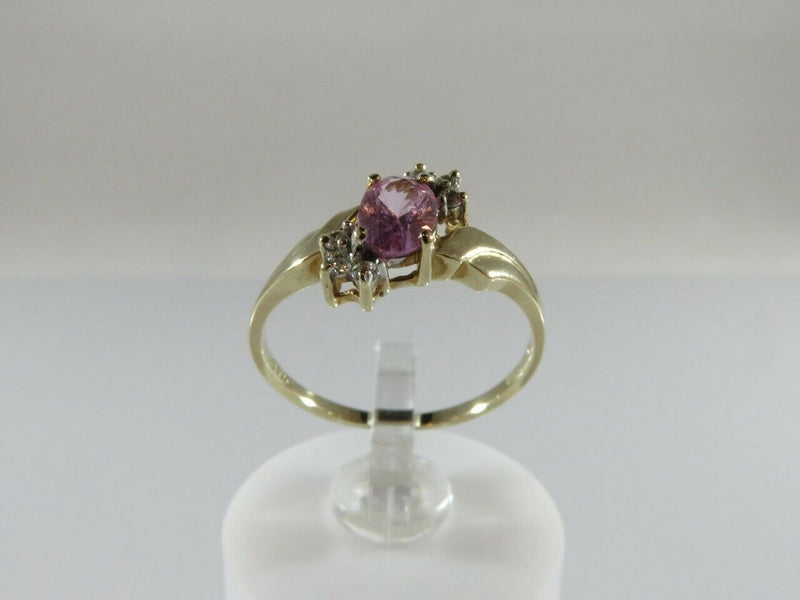 Oval Pink Sapphire Solitaire Ring w/ 6 CZ Accents Size 5.75 10K Yellow Gold - Just Stuff I Sell