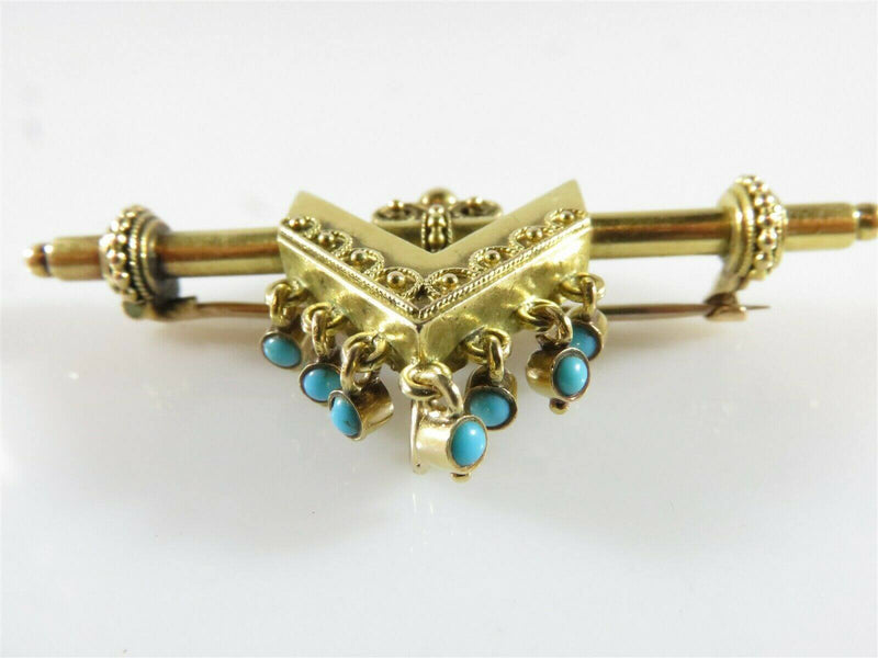 14K Yellow Gold Etruscan Revival Edwardian Pocket Watch Pin With Turquoise Dangles - Just Stuff I Sell